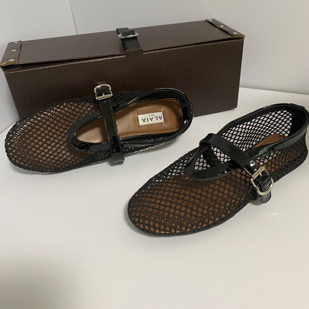 Black and Silver Flats with Mesh Design and Ankle Strap - Picture 8 of 8